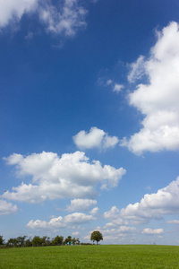 蓝蓝的天空,云绿的田野,地平线上的拖拉机,德国南部农村照片