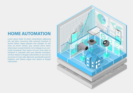 家庭自动化等距矢量插图。摘要家庭自动化相关主题的三维信息图表