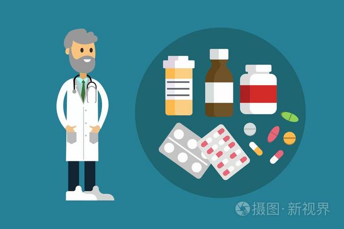 彩色矢量设计的欢快的医生角色与圆形图标的彩色药物在蓝色背景.