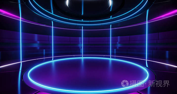 现代外来未来主义科幻复古轮空舞台高科技室与紫色和蓝色霓虹灯管发光