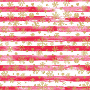 冬季水彩手绘条纹无缝图案印花与金色美丽雪花.