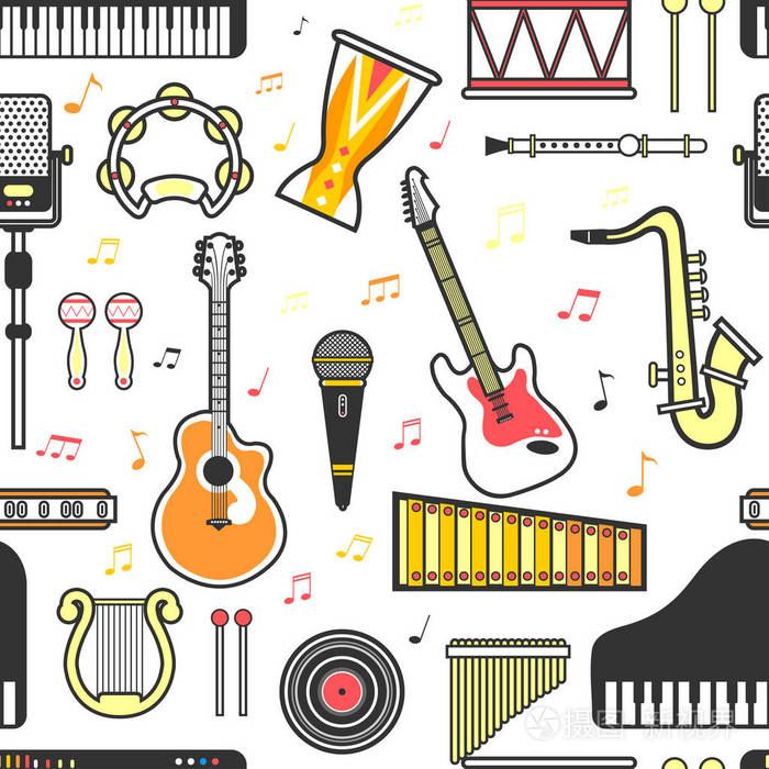 乐器平面图标无缝图案.