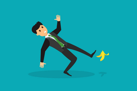 物理喜剧平式形象的人西装滑倒在香蕉皮和跌倒.