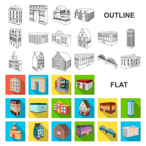 为设计设置集合中的平面图标。建筑与住宅矢量等距符号库存 web 插图