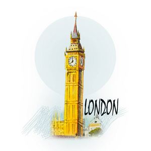 现代艺术水彩画插图. 世界著名地标系列:英国伦敦大本钟塔.照片