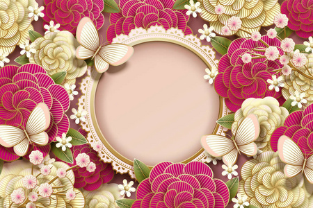 浪漫的背景设计与华丽的牡丹和蝴蝶在纸艺术风格的复制空间设计照片