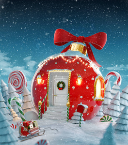 令人惊叹的仙女之家装饰在圣诞节的形状与红色丝带和圣诞灯在神奇的森林与糖果罐头。 不寻常的圣诞3D插图明信片。