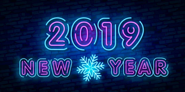 2019年幸福新年霓虹灯文字.. 2019年新年设计模板的季节性传单和问候卡或圣诞主题邀请。 光旗。 矢量图。