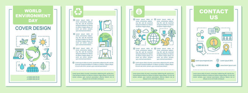 世界环境日小册子模板布局。 生物多样性替代能源。 传单印刷设计与线性插图。 杂志广告海报的矢量页面布局