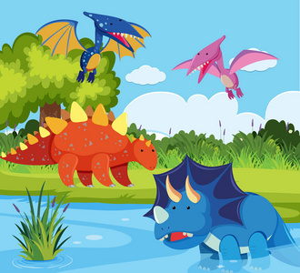 和滑稽的恐龙剑龙在白色背景例证儿童卡通场景与恐龙阿帕塔龙和其他恐