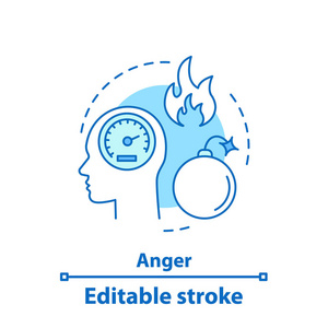 愤怒概念图标。 挫折思想细线插图。 压力。 头部与速度计内和火。 矢量孤立轮廓绘制。 可编辑行程