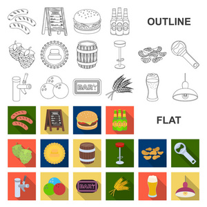 酒吧, 室内和设备平面图标集合中的设计。酒精和食物矢量符号股票网页插图