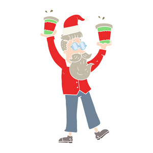 圣诞节带咖啡杯的男人的平面彩色插图