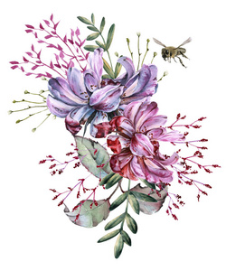 玫瑰的组成与野生花卉和蜜蜂。在白色背景上被隔离