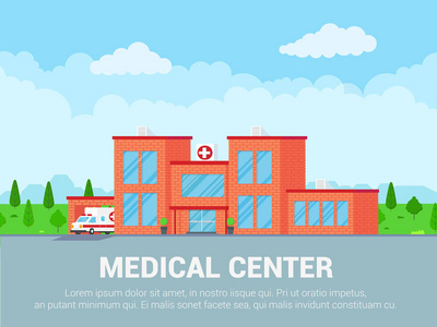 医疗中心概念砖建筑和救护车平面风格设计。 医院大楼文字空间多云，天空和树木后面。 业务需求的概念。