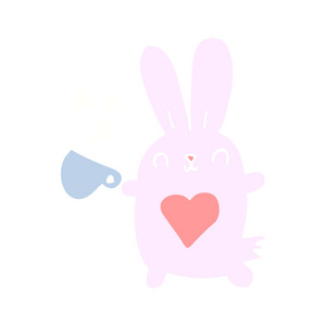 可爱的平面彩色卡通兔与爱的心和咖啡杯