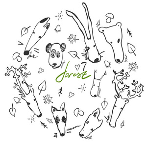 卡通风格制作的可爱的森林动物矢量集。 手绘熊，浣熊，狐狸，鹿，狼，松鼠，熊猫和麋鹿。 每种动物都是孤立的，易于使用。