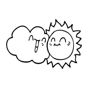 画线卡通快乐的太阳和云