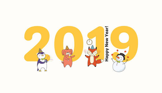 手绘2019年贺卡与大数字和可爱的有趣动物庆祝孤立的白色背景。 矢量图。 派对的设计理念。
