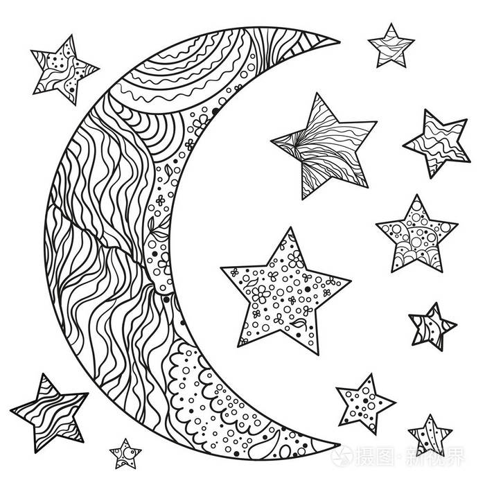 孤立背景上有抽象图案的月亮和星星. 禅宗. 成人精神放松的设计.