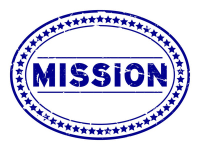 白色背景上的Grunge blue mission字样椭圆形橡皮图章