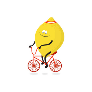 运动新鲜水果骑自行车隔离白色背景微笑可爱卡通柠檬做运动健康和积极