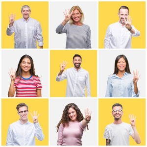 一群年轻和年长的人在黄色的孤立背景上拼贴，用手指第四，同时微笑着自信和快乐。