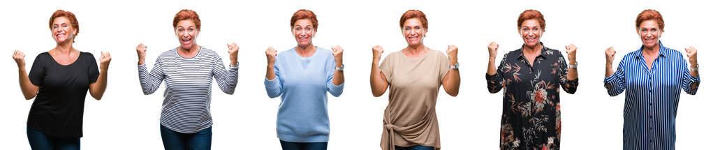 中年老年女性在白色背景下的拼贴庆祝惊讶和惊讶的成功，举起手臂和睁开眼睛。赢家概念。