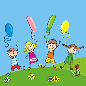 快乐的孩子和气球在草地矢量插图. 一群带彩色气球的孩子.