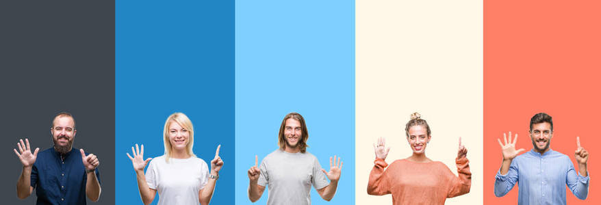 拼贴的休闲年轻人在五颜六色的条纹上，孤立的背景显示和举着手指第六，同时微笑自信和快乐。