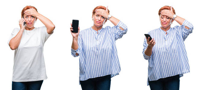 拼贴中年老年妇女使用智能手机超过白色孤立的背景，强调用手在头上震惊，羞愧和惊讶的脸，愤怒和沮丧。 因为错误而恐惧和不安。