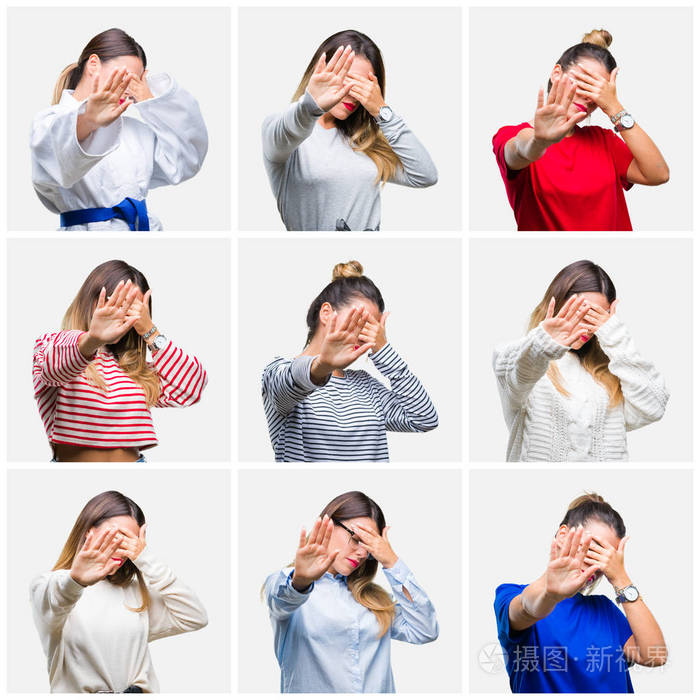 年轻美丽的女人拼贴在孤立的背景上,用手遮住眼睛,用悲伤和恐惧的表情
