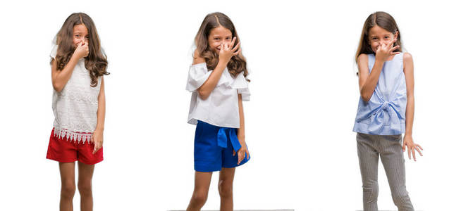 裔幼儿在孤立的背景上拼贴,闻到一些臭味和令人恶心的难以忍受的气味