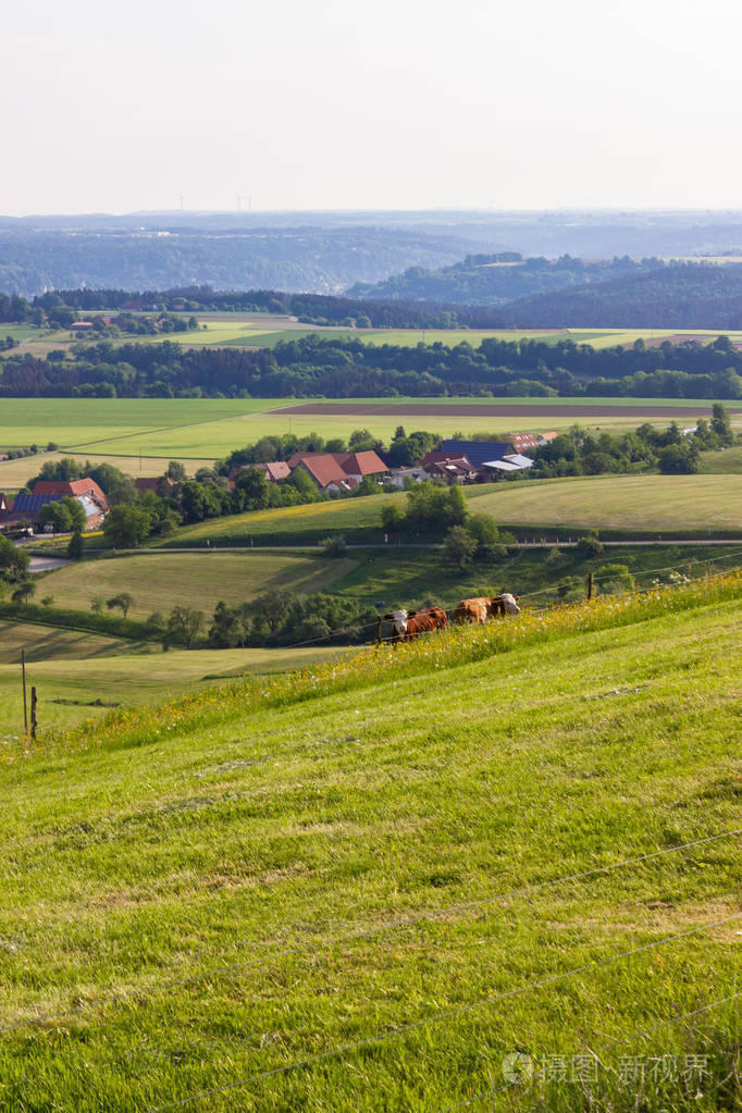 德国南部多山的春天阳光明媚绿草如茵蓝天碧蓝