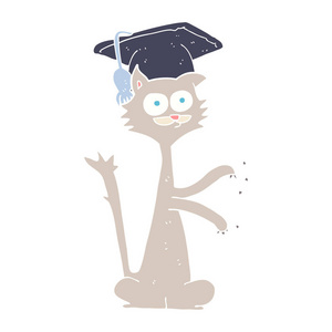 带毕业帽的猫平面彩色插图