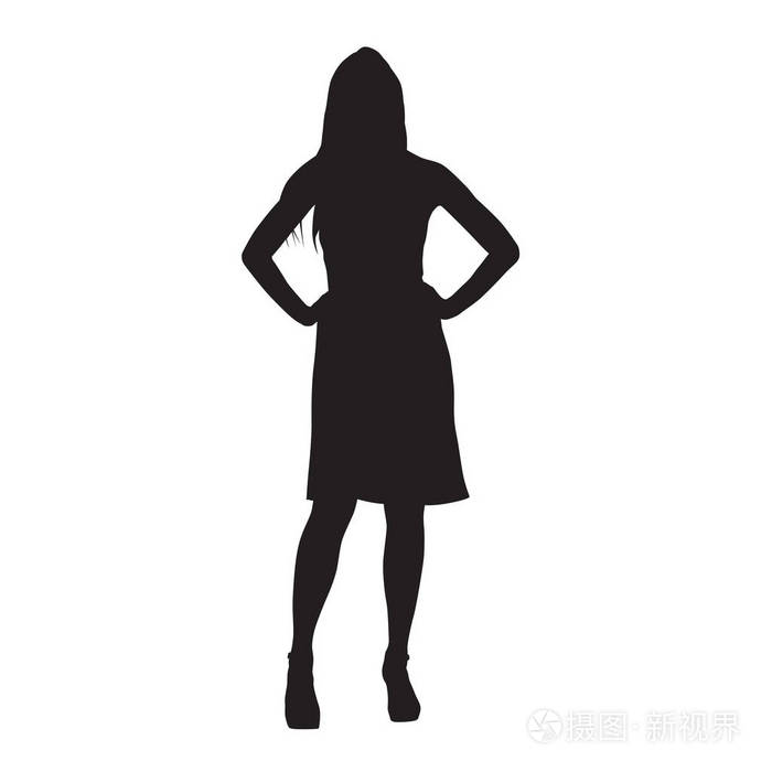 苗条性感的女人长腿穿着夏装高跟鞋双手站在臀部孤立的矢量轮廓