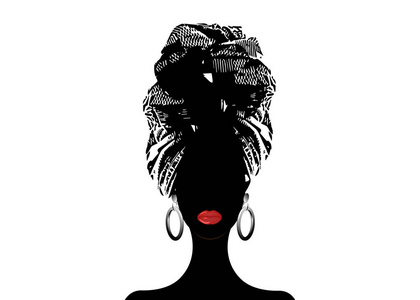 非洲围巾肖像非洲妇女穿着条纹头巾。 部落包装时尚安卡拉Kente Kitenge非洲妇女礼服。 尼日利亚风格加纳头巾。 印刷海报