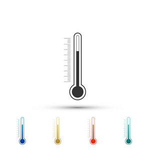 在白色背景上隔离的温度计图标。在彩色图标中设置元素。扁平设计。矢量插图