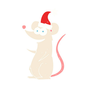 戴圣诞帽的老鼠的平面彩色插图