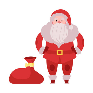 圣诞老人的向量例证在红色服装和帽子站立与礼物和礼物大袋子