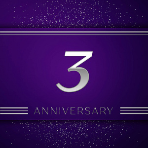现实的三年庆典设计横幅。银色数字和五彩纸屑在紫色背景。您的生日派对的五颜六色的矢量模板元素