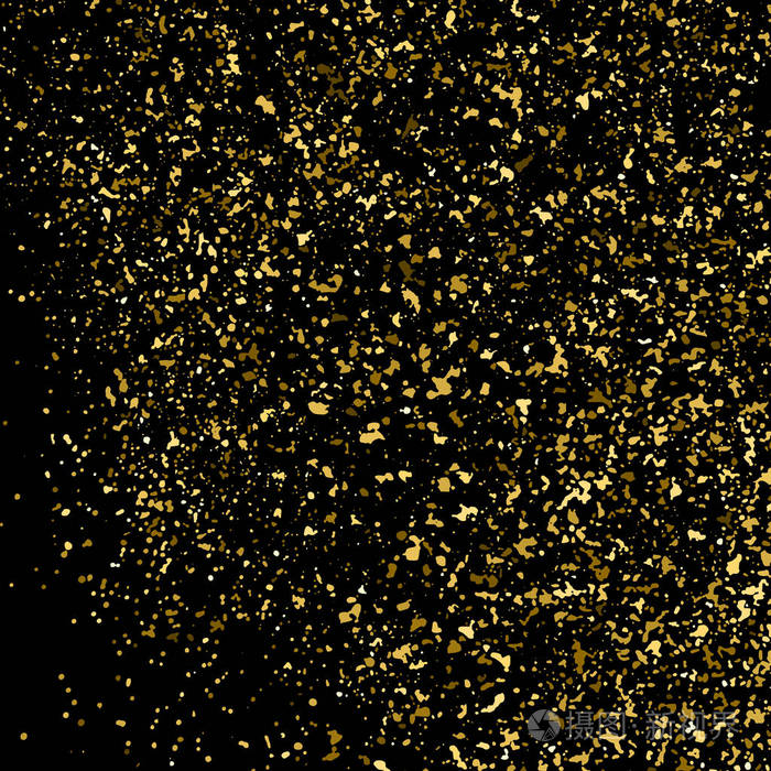 金色闪光的纹理隔离在黑色上。 琥珀颗粒的颜色。 庆祝背景。 纸屑的金色爆炸。 设计元素。 矢量插图EPS10。