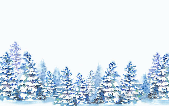 冬季森林背景雪下杉树水彩插图