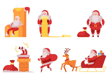 圣诞老人向量例证集合各种各样的场面与圣诞节和新年标志在红色服装送礼