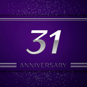 现实的30周年庆典设计横幅。银色数字和五彩纸屑在紫色背景。您的生日派对的五颜六色的矢量模板元素