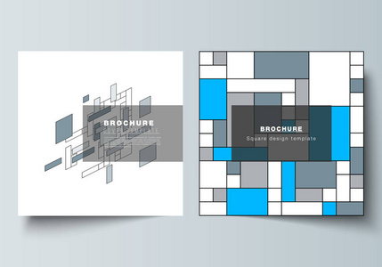 两方形格式的最小矢量布局包括小册子传单杂志的设计模板。抽象多边形背景, 五颜六色的马赛克图案, 复古包豪斯 de 风格派设计