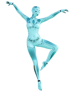 舞蹈机器人女人。 金属蓝色机器人。 人工智能。 概念时尚艺术。 现实的三维渲染插图。 工作室隔离高键。