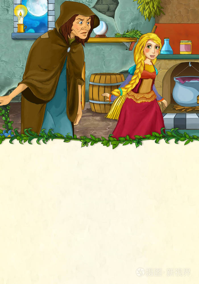 卡通场景与美丽的年轻女孩和老巫婆在一些厨房插图为儿童