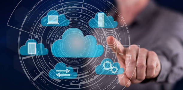 用手指触摸触摸屏上的云计算概念照片