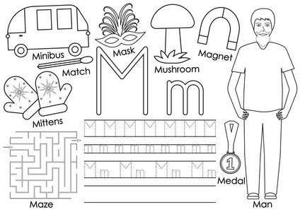 字母M.字母表。 英语。 写作练习和着色书。